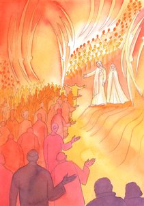 Jesus crucified waits at the gate of Heaven, with His mother Mary and the holy angels by Elizabeth Wang