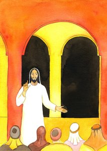Jesus preached in the Temple, speaking the truth, and angering some people who then plotted to harm Him by Elizabeth Wang