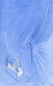 Standing behind the altar are two holy angels: tall, awesome, beautiful as a shape in firelight, gleaming gold on head and wing by Elizabeth Wang