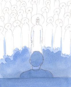 The Saints are all around us, with Christ, as we pray; they delight in the love in our hearts, and in every reverent word and gesture as we honour them, and adore and praise the Three Divine Persons by Elizabeth Wang