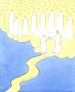 The blessed soul who has persevered to the end, in love of Christ and her neighbour, is led by the hand by Christ, to meet the Heavenly friends who are gathered to welcome her into their company