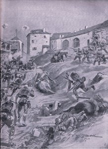 The Aschaffenberg 2nd Bavarian Hunter Battalion at Lagarde August 1914, from The Illustrated History of the World War 1914-1915 pub. by Union Berlagsefellfchaft by Emil (after) Limmer