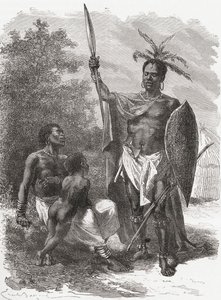 A native of Ougogo, Central Africa, in war dress