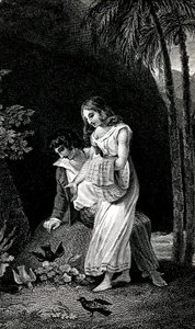 Engraving illustrating a late 19th century edition of the novel by Jacques-Henri Bernardin de Saint Pierre: Paul and Virginie. Birds come to land without fear near the young couple of lovers in the forest by Emile Antoine Bayard