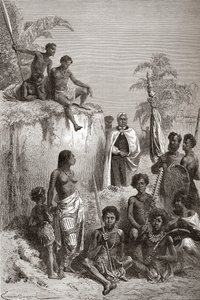 Hawaiian King Kamehameha I and his warriors, illustration from 