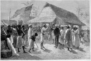 Meeting between Sir Henry Morton Stanley (1841-1904) and David Livingstone (1813-1873), in “Le Tour du Monde” by Emile Antoine Bayard