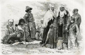 Poor and rich Kyrgyz women. Engraving by Emile Bayard, to illustrate travel impressions from Orenburg to Samarkand, by Marie de Ujfalvy-Bourdon, between 1876 and 1878, in the Tour du monde, directed by Edouard Charton by Emile Antoine Bayard