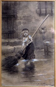 Representation of Cosette, sweeping barefoot. Illustration for The Miserables by Victor Hugo by Emile Bayard, 19th century. Paris, Maison Victor Hugo