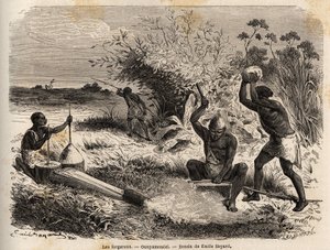 The blacksmiths, in the Ounyamouezi (Great Lakes region, Africa), drawing by Emile Bayard, illustrating the voyage of discovery in Africa, from 1860 to 1863 of Captain Speke. Engraving in Le tour du monde by Emile Antoine Bayard
