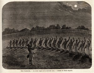 The ceremony of the drums for the rise of the new moon, at the head of the tribe Rumanika, in Karague (west of Lake Victoria, in present-day Zimbabwe), drawing by Emile Bayard, illustrating Captain Speke
