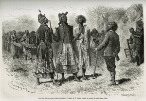 The three conductors (or sovas), princes of Dombe (Angola), and their suite of musicians and courtier, coming to meet the explorer S.Pinto. Engraving by Emile Bayard, to illustrate the story how I