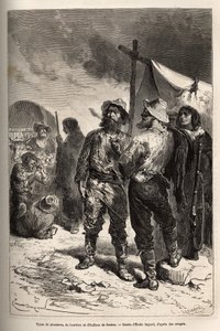 Types of pioneers, oxherds and Indians of Benton (Montana), engraving after the drawing by Emile Bayard, illustrating the voyage from Washington to San Francisco, in 1868, by L. Simonin, published in “Le tour du monde” 1874, edited by Edouard Charton by Emile Antoine Bayard