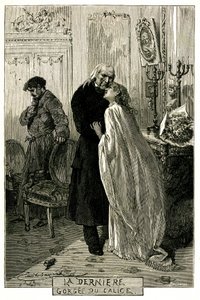 Victor Hugo The Miserables, The Last Gorgee of the Chalice. Illustration by Emile Bayard. The former convict Jean Valjean became old with Cosette and Marius. Engraving of the edition Ollendorff 1906 by Emile Antoine Bayard