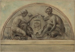 Sketch for the pediment of the Alfortville school group: The Seine and the Marne framing the coat of arms of Alfortville, in 1898 by Emile Delbos