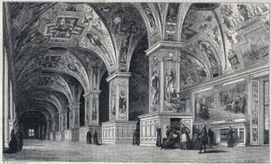 Internal view of the Vatican library in the 18th century. Engraving by Therond from a drawing by Francois Pannini by Emile Theodore Therond