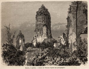The ruins taken in the vegetation of the jungle, in Ajuthia (Thailand), illustration for Henri Mouhot
