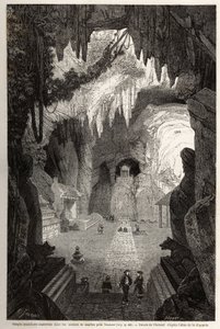 Underground Buddhist temple in marble rocks near Tourane, drawing by Therond, to illustrate the notes of a unique correspondence with Cochinchine. Engraving in Le tour du monde, nouveau journal des voyages Paris