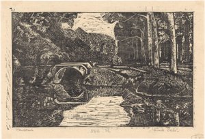 Bridge over a canal in a forest by Emilius Wilhelmus Dehé (signed by artist)