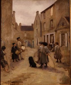 Children Playing with Hoops in a Street, Arromanches by Emily  Childers