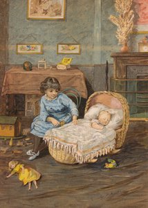 Girl watching over a baby in a crib