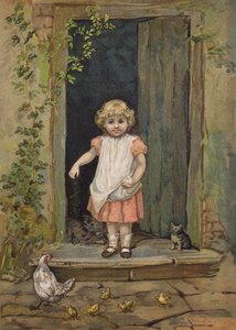 Little girl feeding the chickens from the doorstep of her home by Emily Jane Harding Andrews