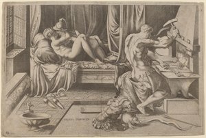 Venus and Mars Embracing with Vulcan at his Forge by Enea Vico after Parmigianino