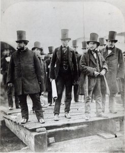 (L to R) John Scott Russell, Henry Wakefield, Isambard Kingdom Brunel and Lord Derby at the launch of the SS Great Eastern