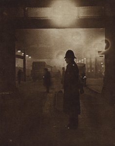 British Policeman on a Foggy Street (b/w photo)
