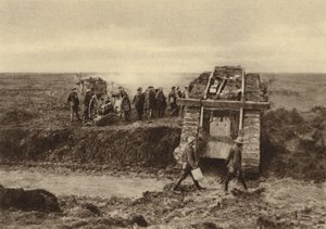 British tank squadron passing artillery positions at Graincourt on their way to attack Bourlon Wood, Battle of Cambrai, France, World War I, November 1917