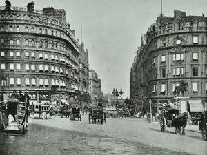 Charing Cross, Westminster: Northumberland Avenue from Trafalgar Square and Charing Cross, 1890 by English Photographer