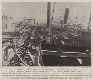 Destruction by Fire of the Steam-Ship Fushun at Canton, the Wreckage, from the Engine-Room Skylight, overlooking the Saloon by English Photographer