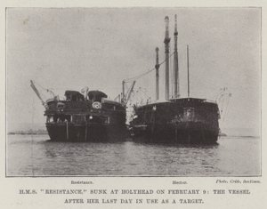 HMS Resistance, sunk at Holyhead on 9 February, the Vessel after her Last Day in use as a Target