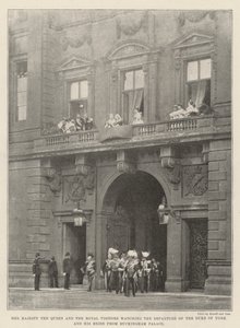 Her Majesty the Queen and the Royal Visitors watching the Departure of the Duke of York and his Bride from Buckingham Palace by English Photographer