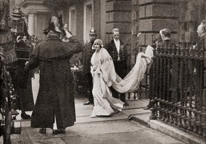 Lady Elizabeth Bowes Lyon on her way to her wedding on April 26, 1923, to H.R.H. The Duke of York, later King George VI, from The Story of Twenty Five Years, published 1935 by English Photographer