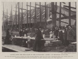 Laying down the Keel-Plate of the Battle-Ship Queen in Devonport Dockyard by English Photographer