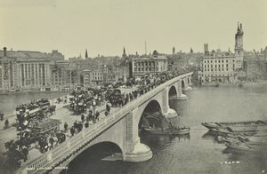 London Bridge: Horse-Drawn Omnibuses and Cart, as well as Pedestrians, Cross the Bridge, 1895 by English Photographer