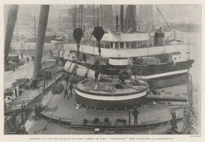 Placing a 67-Ton Gun (13.5) in the Fore Turret of HMS Trafalgar, Port Guard-Ship at Portsmouth by English Photographer