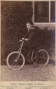 Prince Albert of Wales poses on a bicycle by English Photographer