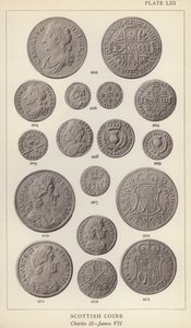 Scottish Coins, Charles II, James VII (black and white photo) by English Photographer