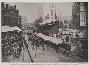The Arrival of Their Majesties at Westminster Abbey, the State Coach drawn up at the Door of the Annexe