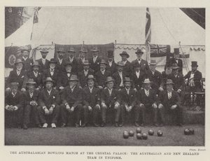 The Australasian Bowling Match at the Crystal Palace, the Australian and New Zealand Team in Uniform by English Photographer