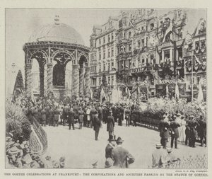 The Goethe Celebrations at Frankfurt, the Corporations and Societies passing by the Statue of Goethe