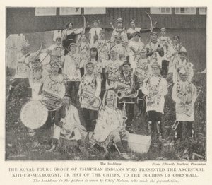 The Royal Tour, Group of Tsimpsian Indians who presented the Ancestral Kiti-um-Shamorgat, or Hat of the Chiefs, to the Duchess of Cornwall