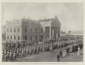 The Transvaal War, The New Town Hall, Kimberley, with the Loyal North Lancashire Regiment Marching Past, 7 October 1899 by English Photographer