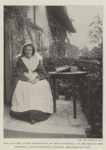 The late Mrs Baker (Descendant of Anne Hathaway), at the Door of her Residence, Anne Hathaway