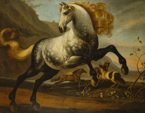 A Grey Prancing Stallion with Flowing Mane with Stallions Fighting in a Rocky Landscape by English School