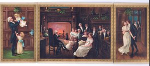 A Victorian Christmas card of a father and his children, a father telling a story to a family group and a gentleman trying to kiss a lady under the mistletoe