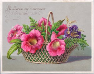 Victorian Christmas Card of Flowers in a Wicker Basket, c.1880 by English School