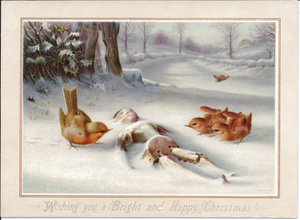 A Victorian Christmas Card of Robins Looking at a Wooden Puppet in the Snow, c.1880
