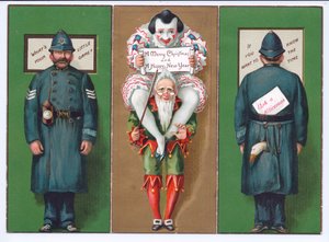 A Victorian Christmas Card with a Jester, Clown and Policeman